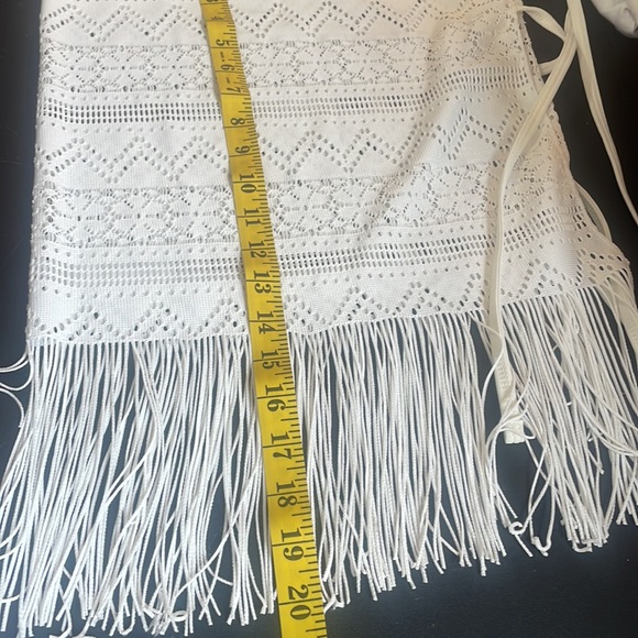 White fringe, crochet, bathing suit cover, 2 side ties, mesh design,Small - Picture 7 of 8